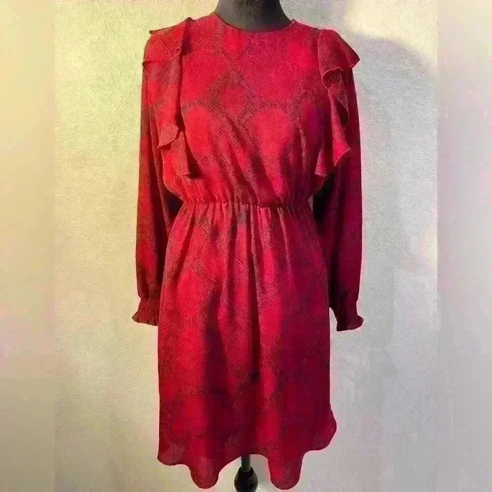Banana Republic Red Python Print Dress with Ruffle Sleeve cuff- Size Small